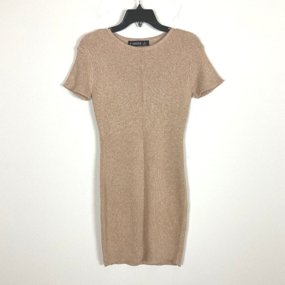 2/$30 Lioness Giselle Ribbed Bodycon Short Sleeve Tan‎ Sweater Mini Dress Small - Picture 6 of 8